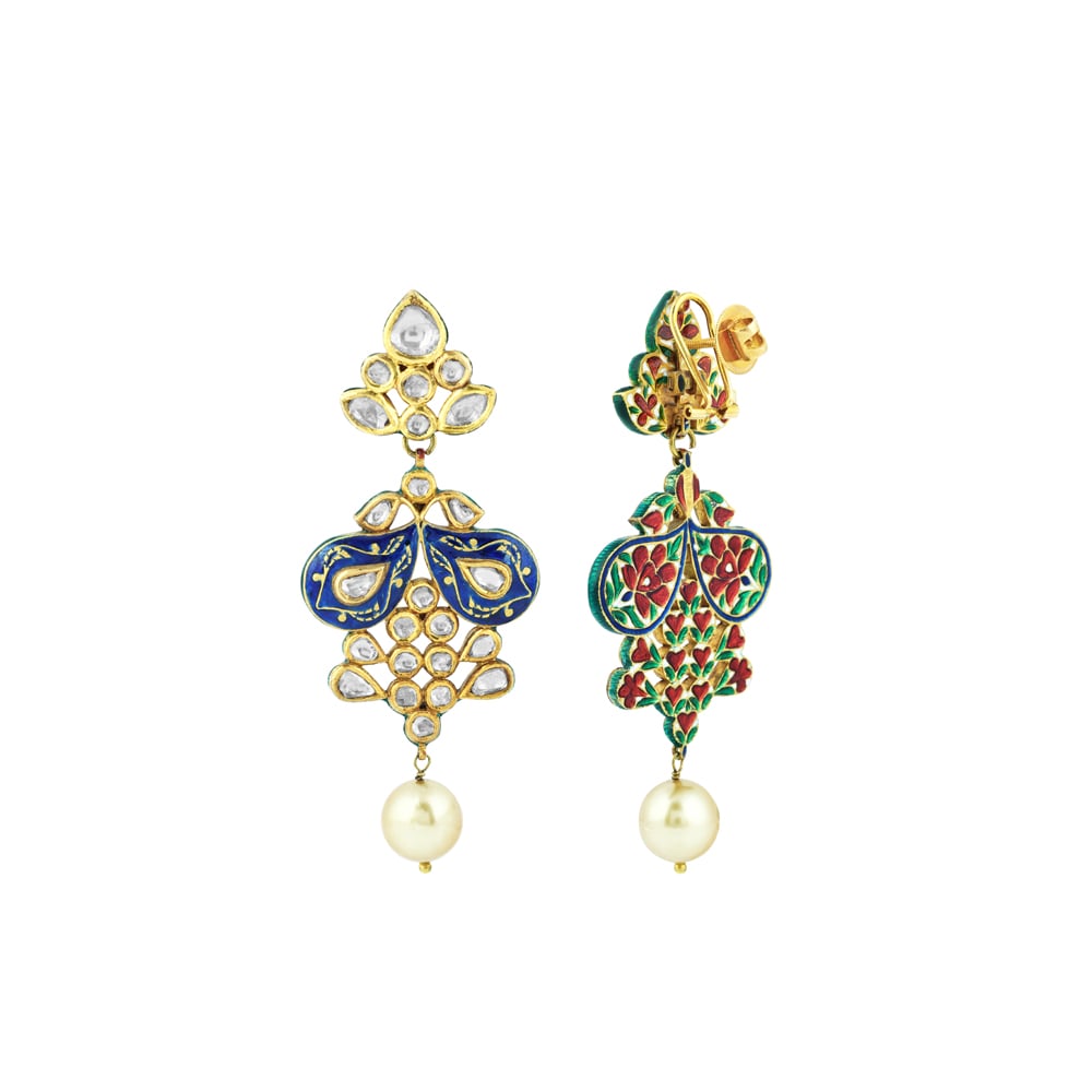 Polki Earrings with Blue Enamel and Pearl Drop